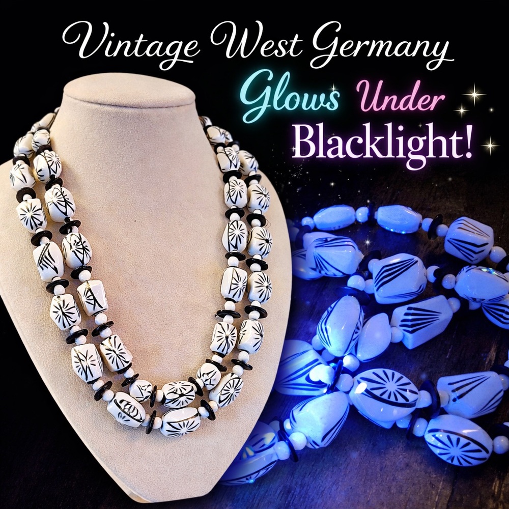 Vintage West Germany Double Strand Lucite Necklace UV Reactive Atomic MidCentury